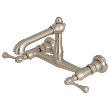 Industrial Bathroom Faucet, Wall Mount Design With 2 Handles, Brushed Nickel