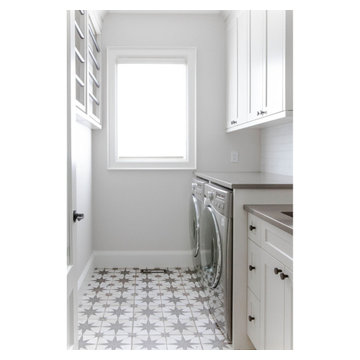 Redefining Simplicity in Transitional White Laundry Room With Open Shelves