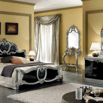 Barocco Traditional Bedroom Set in Black / Silver (Bed, 2 Nightstands, Double Dr