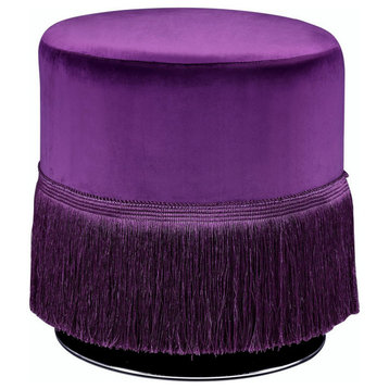 Benzara BM225687 Upholstered Round Ottoman with Fringes and Metal Base, Purple