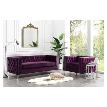 Jeannie Velvet 3-Seat Sofa Button Tufted With Metal Legs, Purple