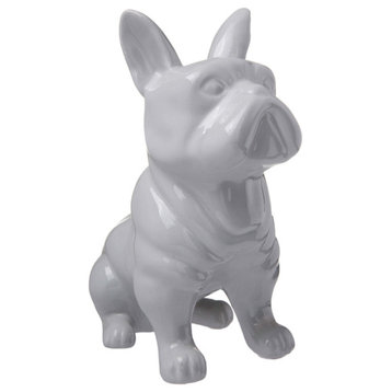 Ceramic Sitting French Bulldog Figurine With Pricked Ears, Gloss Gray