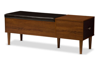 Mid Century Modern Style Walnut Storage Bench w/Drawer