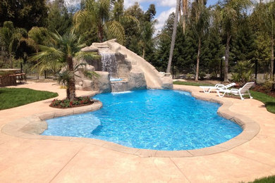 Large tropical backyard custom-shaped pool in Orange County with a water slide and stamped concrete.