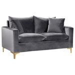 Meridian Furniture - Naomi Velvet Upholstered Loveseat, Gray - Curl up with a good book from the welcoming confines of this Naomi Grey Velvet Loveseat. The color of this loveseat adds a bold touch to your decor and shakes up otherwise neutral color schemes. Plush velvet material feels cozy and comfortable against your skin, while deep seat cushions provide lots of room for you to stretch your legs. This loveseat comes with both gold and chrome legs, so you can customize its look to meet your decor plans. Pillows are included for added homey warmth and comfort.
