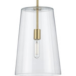 Progress Lighting - Clarion Collection Satin Brass 1-Light Medium Pendant - Who says you have to sacrifice forms for function? This versatile pendant features a simple, clear glass shade that embraces minimalist modernity and functional task lighting. The glass shade rests at the end of a sleek satin brass bar that attaches to the ceiling. Each light fixture has a swivel at its base that makes it perfect for installing on flat or angled ceilings.