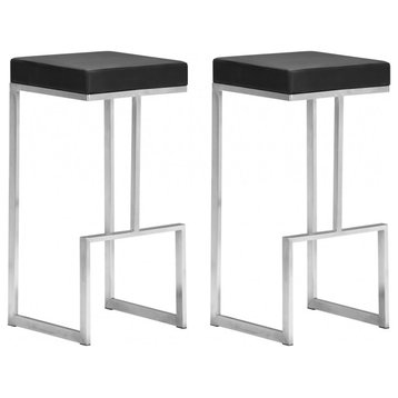 Set of Two Black Faux Leather and Stainless Geometric Backless Barstools