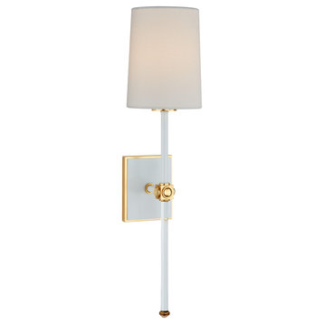 Lucia Medium Tail Sconce in Matte White and Crystal with Linen Shade