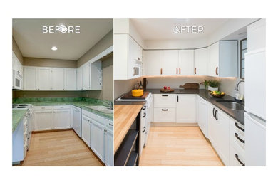Design ideas for a mid-sized contemporary galley open plan kitchen in Portland with an undermount sink, shaker cabinets, white cabinets, granite benchtops, white splashback, white appliances, bamboo floors, with island, beige floor and grey benchtop.
