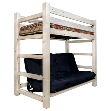 Twin Bunk Bed Over Full Futon Frame With Mattress, Ready To Finish, Lacquered