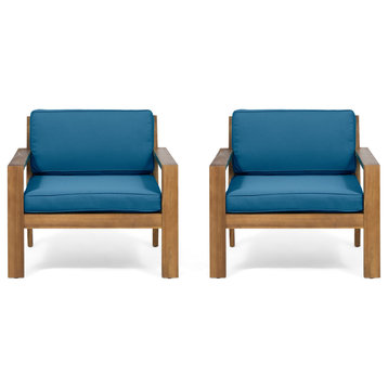 Afra Outdoor Acacia Wood Club Chairs with Cushions, Set of 2, Teak Finish, Dark Teal