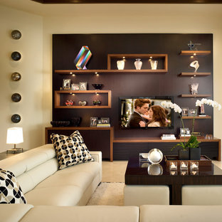 Family room - contemporary family room idea in Detroit with beige walls and a wall-mounted tv