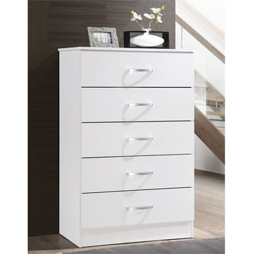 Hodedah Five Drawer Contemporary Wooden Chest in White Finish