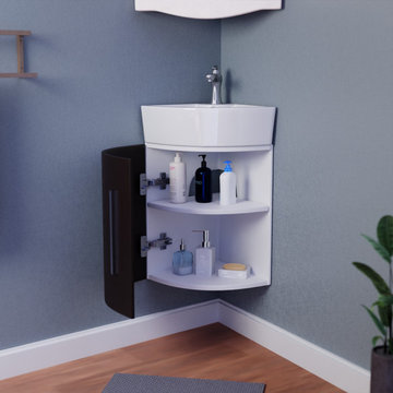 White Corner Vanity Cabinet Sink Oak Finish with Faucet Drain and Overflow