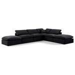Meridian Furniture - Indulge Upholstered Modular U-Shaped Sectional, Black, 6-Piece: 3 Armless Chair, 1 Corner Chair, 2 Ottoman, Down Stuffed Velvet - Experience ultimate comfort and style with our black velvet Indulge Sectional. The luxurious velvet will elevate the aesthetic of any room. This sofa provides ample space for you to relax while its modular build offers the option of unlimited configurations. Whether you're looking to add a stylish element to your living room or a comfortable seating option to your bedroom, this sofa is the perfect choice.