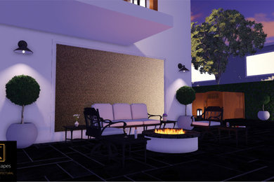 Patio - huge backyard stone patio idea in Los Angeles with a fire pit and no cover