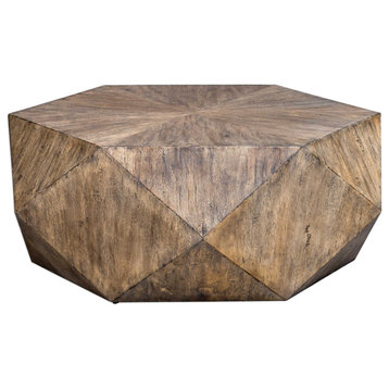 Faceted Large Round Light Wood Coffee Table Modern Geometric Block Solid