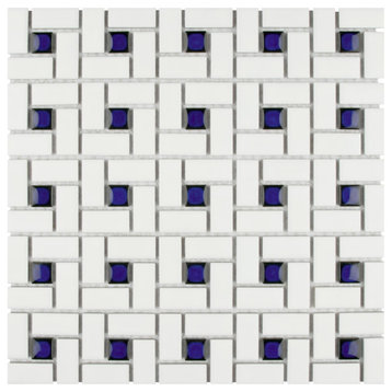 Spiral Porcelain Mosaic Tile, Blue and White