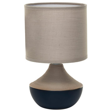 Stoneware Portable Table Lamp With Linen Shade, Black and Natural