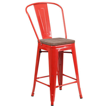 24" High Metal Counter Height Stool With Back and Wood Seat, Red