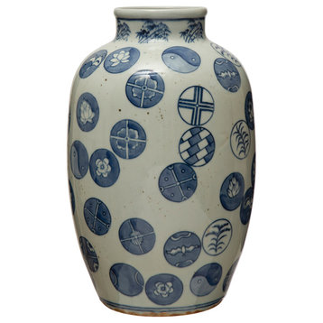 Decorative Stoneware Vase with Painted Global Designs, Blue and White