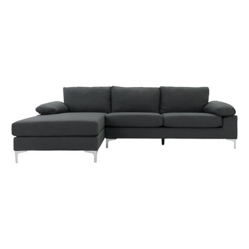 Modern Large Linen Fabric Sectional Sofa With Extra Wide Chaise, Dark Gray