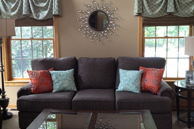 Living room - mid-sized traditional formal and open concept carpeted living room idea in Cleveland with beige walls and no tv