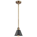 INNOVATIONS LIGHTING - Innovations 516-1S-BB-M8-BK 1-Light Mini Pendant, Brushed Brass - Innovations 516-1S-BB-M8-BK 1-Light Mini Pendant Brushed Brass. Collection: Ballston. Style: Industrial, Farmhouse, Restoration-Vintage. Metal Finish: Brushed Brass. Metal Finish (Shade): Matte Black. Metal Finish (Canopy/Backplate): Brushed Brass. Material: Steel, Cast Brass. Dimension(in): 7. 5(H) x 7(W) x 7(Dia). Min/Max Height (Fixture Height with Cord or Included Stems and Canopy)(in): 17. 75/41. 75. Bulb: (1)60W Medium Base,Dimmable(Not Included). Maximum Wattage Per Socket: 100. Voltage: 120. Color Temperature (Kelvin): 2200. CRI: 99. 9. Lumens: 220. Glass or Metal Shade Color: Matte Black. Shade Material: Metal. Shade Shape: Cone. Metal Shade Description: Matte Black Smithfield. Shade Dimension(in): 6. 5(W) x 4. 5(H). Fitter Measurement (Glass Or Metal Shade Fitter Size): Neckless with a 2. 125 inch Hole. Canopy Dimension(in): 4. 5(Dia) x 0. 75(H). Sloped Ceiling Compatible: Yes. California Proposition 65 Warning Required: Yes. UL and ETL Certification: Damp Location.
