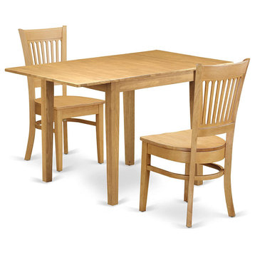 3 Pieces Dining Set, Drop Leaves Table and Chairs With Slatted Backrest, Oak