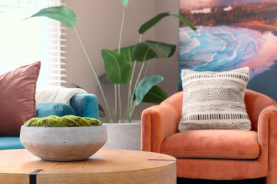 Example of a mid-sized trendy carpeted living room design in San Diego with beige walls