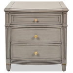 Jennifer Taylor Home - Dauphin Gold Accent Nightstand Table, Gray Cashmere - The Dauphin Gold Accent End Table by JTH Luxe is an elegant bedside 3-drawer solution for your storage and décor needs. Each piece has subtle, hand-painted gold accents which are echoed in the satin-finish gold hardware and tapered front legs—master-crafted attention to detail that is seen in the entire Dauphin Collection. This nightstand includes a wine-red felt-lined top drawer and 2 additional storage drawers. Crafted from solid Rubberwood and finished in a Cashmere Gray Veneer, the beautiful wood grain peeks through and is complemented by the satin gold knobs. Pair this with a Dauphin Collection mirror to complete your bedside-style décor in stylish elegance. No tedious assembly is required - arrives fully assembled and ready for use.
