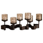 Uttermost - Uttermost 19731 Ribbon Metal Candleholders - Antiqued Bronze Metal With Transparent Copper Brown Glass. Six 2"x 2" Beige Candles Included. With The Advanced Product Engineering And Packaging Reinforcement, Uttermost Maintains Some Of The Lowest Damage Rates In The Industry. Each Product Is Designed, Manufactured And Packaged With Shipping In Mind.