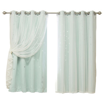 Tulle and Star Cut Out Blackout Mix and Match Curtains, Mint, 63"