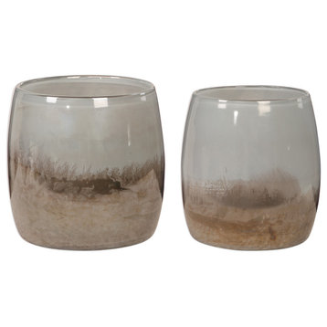 Art Glass Gray Brown Bowl Low Vase 2-Piece Set, Earth Tones Iridescent