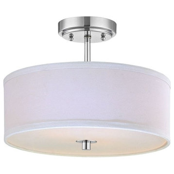 Modern Chrome Ceiling Light with White Drum Shade - 14 Inches Wide