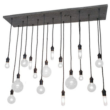 14 Pendant Reclaimed Wood Chandelier, Modern Grey, Clear Bulbs