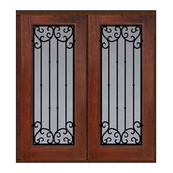 Prehung Double Door 80 Fiberglass Valencia Full Lite Wrought Iron - Front Doors