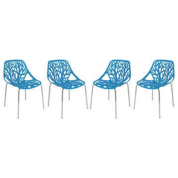 LeisureMod Asbury Plastic Dining Chair With Chromed Legs Set of 4, Blue
