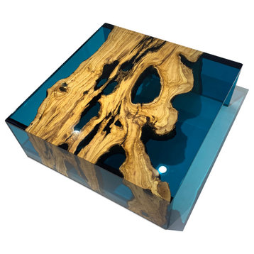 Olive Wood Blue Resin Coffee Table