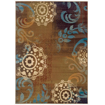 Emerson Brown Blue Abstract Circles Transitional Rug, 6'7"x9'6"
