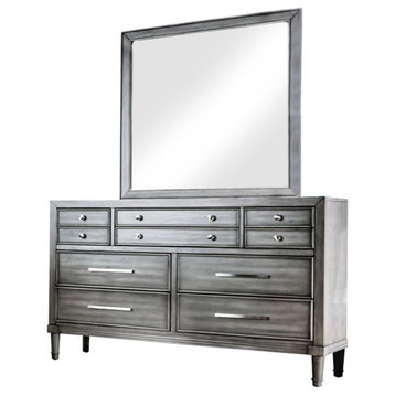 Bowery Hill 2-Piece 7-Drawer Transitional Wood Dresser and Mirror in Gray