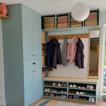 Blue coat and shoe storage unit