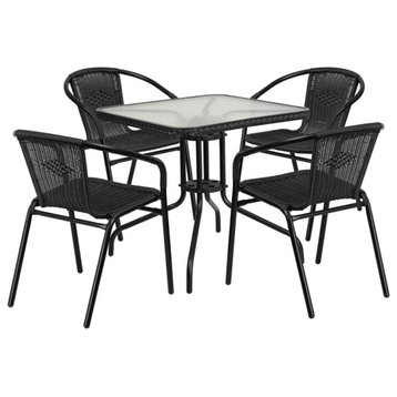 Glass Metal Table With Rattan Edging and 4 Stack Chairs, Black, 28" Square