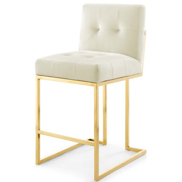 Counter Stool Chair, Velvet, Metal, Gold Ivory White, Modern, Bar Pub Bistro
