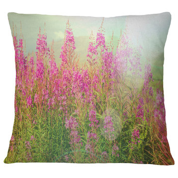 Meadow With Little Purple Flowers Floral Throw Pillow, 18"x18"