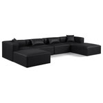 Meridian Furniture - Cube Upholstered Modular Sectional, Black, 6-Piece: 2 Armless Chair, 2 Corner Chair, 2 Ottoman, Vegan Leather - Elevate your space with the luxurious Cube Vegan Leather Modular Sectional. This modular sectional exudes modern elegance, charm, and comfort making it a perfect addition to any contemporary living space. Its clean lines and cube shape are reminiscent of minimalist design, while the plush black vegan leather upholstery adds a touch of luxury and sophistication. The chair's versatile construction and geometric aesthetic seamlessly integrate into various design styles, from sleek living rooms to chic home offices, embodying the essence of modern design and creating a sense of order and tranquility in your space.
