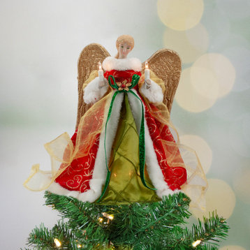 12" Lighted Red and Green Angel With Wings Christmas Tree Topper, Clear Lights