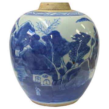 Oriental Handpainted House Tree Small Blue White Porcelain Ginger Jar Hws2315