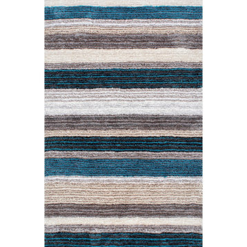 nuLOOM Hand Tufted Drey Ombre Shag Striped Area Rug, Blue Multi 3' x 5' Oval