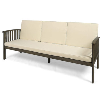 Traditional Outdoor Sofa, Gray Acacia Wood Frame With Cream Cushioned Seat